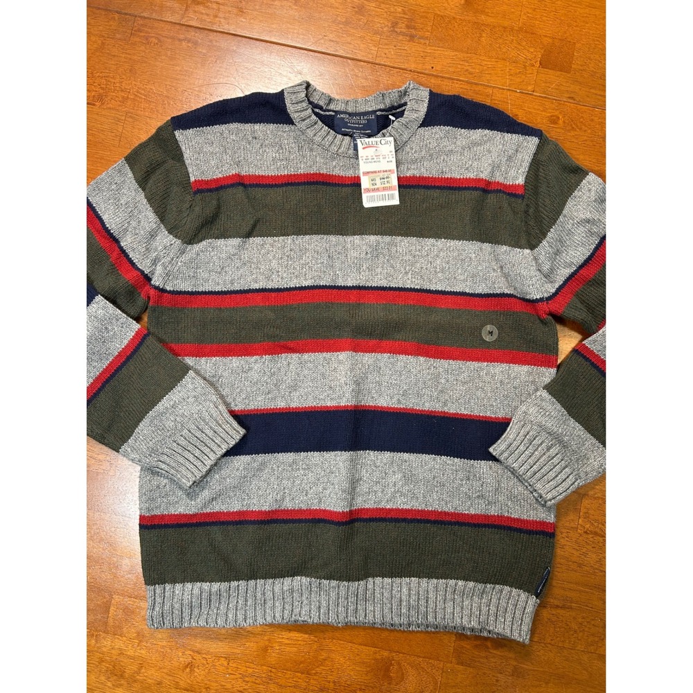 New Vintage American Eagle Sweater Mens M Gray Striped Crew Neck Knit
